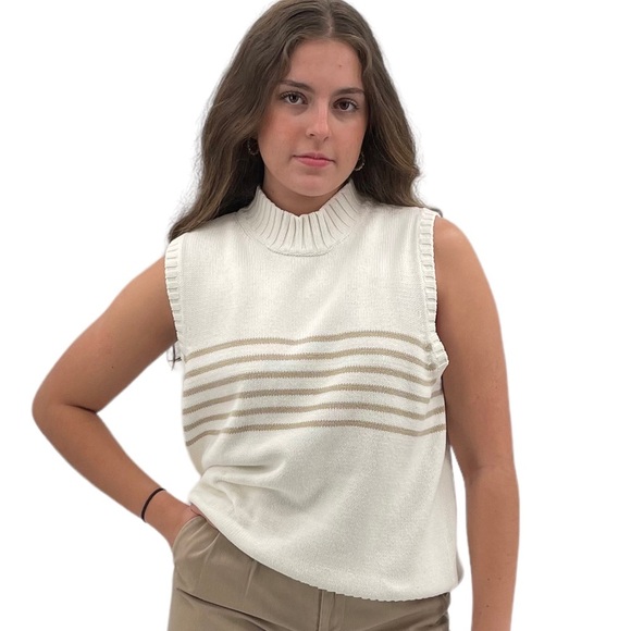 Vintage Liz Claiborne Sleeveless Sweater High Neck Chunky Knit Cream Tan | XL - Picture 1 of 9